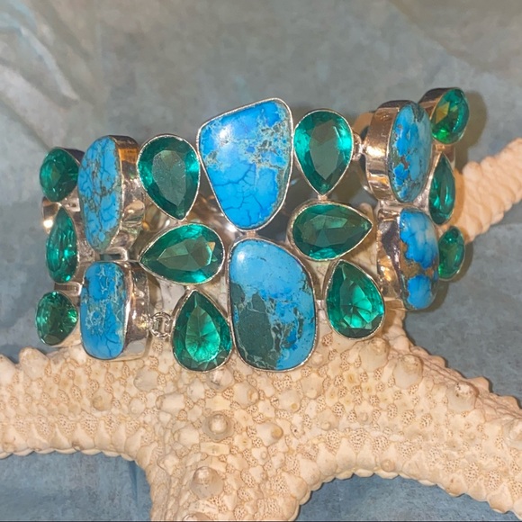 Tibetan Turquoise + Tourmaline gem cluster statement cuff - Picture 5 of 7